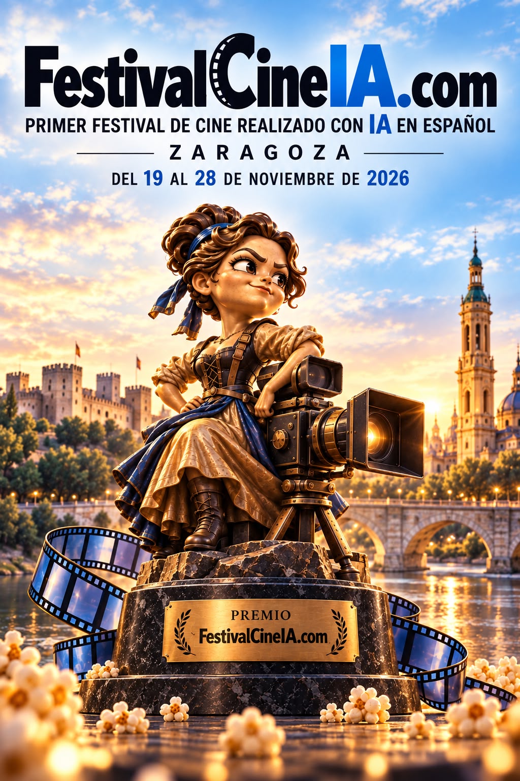 Cartel FestivalCineIA 2026: Agustina de Aragón junto a una cámara cinematográfica, Zaragoza y fechas del 19 al 28 de noviembre